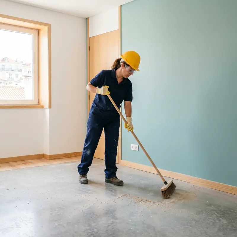 Profissional de capacete a varrer resíduos de obra num apartamento recém-pintado