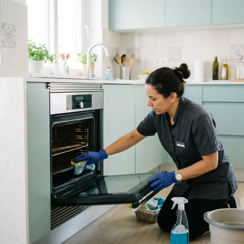 Profissional a limpar o interior de um forno numa cozinha